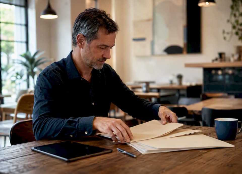 Business owner organizing sale documents