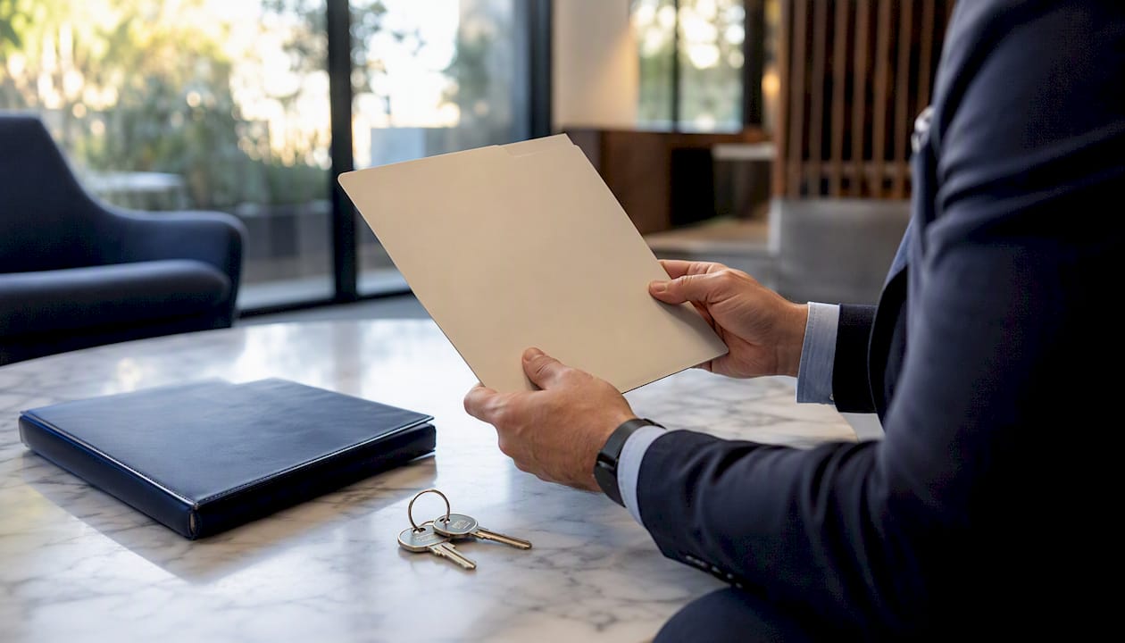 Hands placing contract folder with keys on table