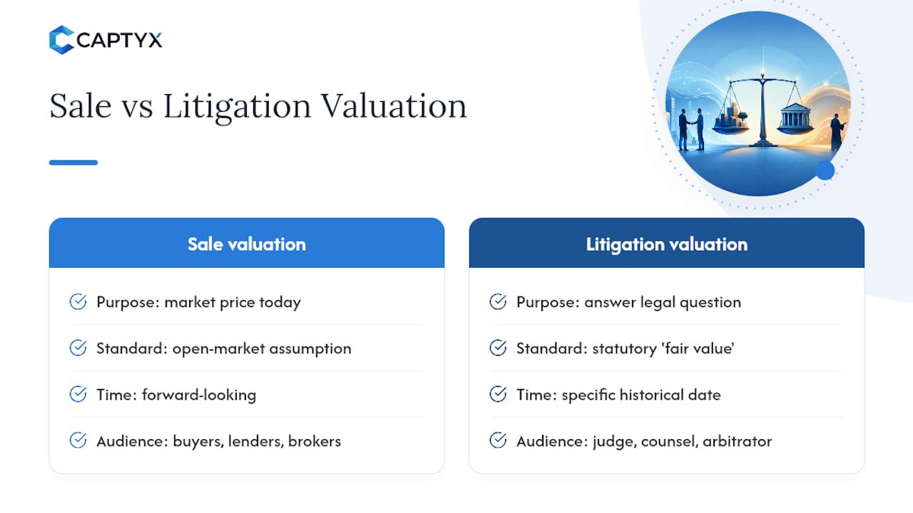 How Is a Litigation Valuation Different From a Sale Valuation? — overview diagram