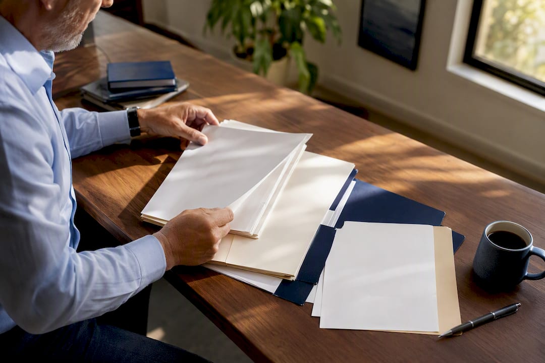 Hands organizing blank business sale documents