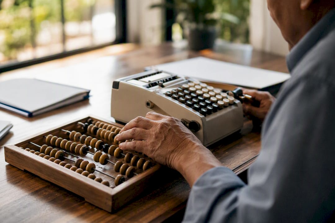 Hands using abacus and calculator on desk