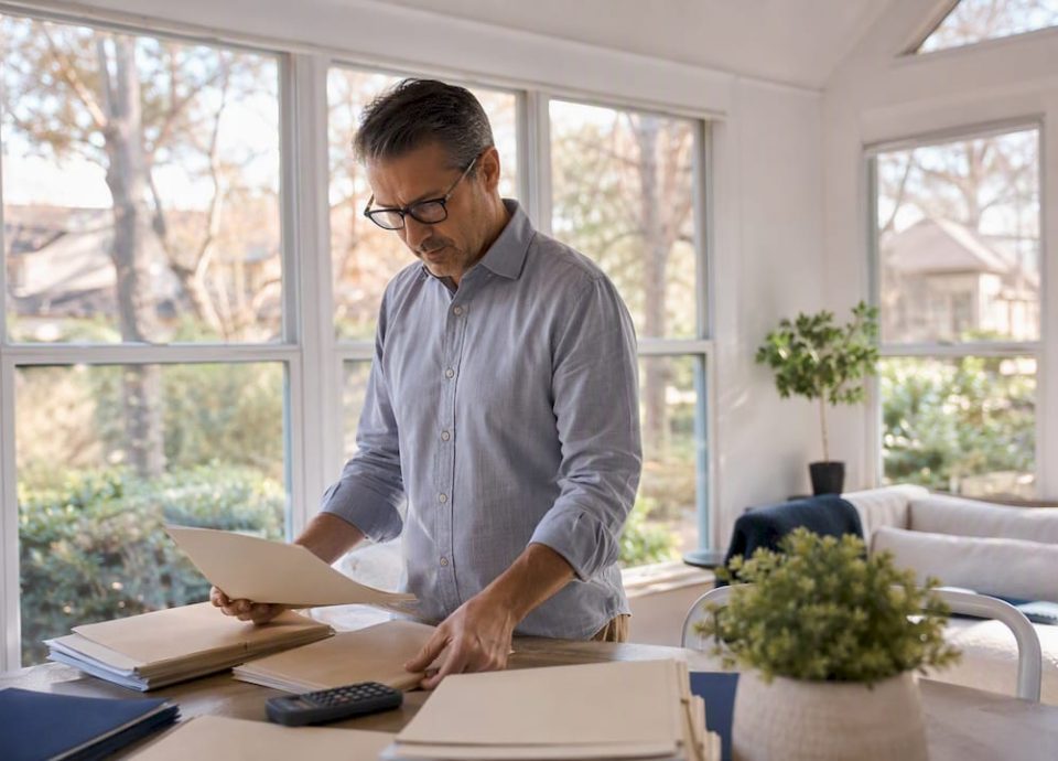 Hands arranging folders at business owner's desk