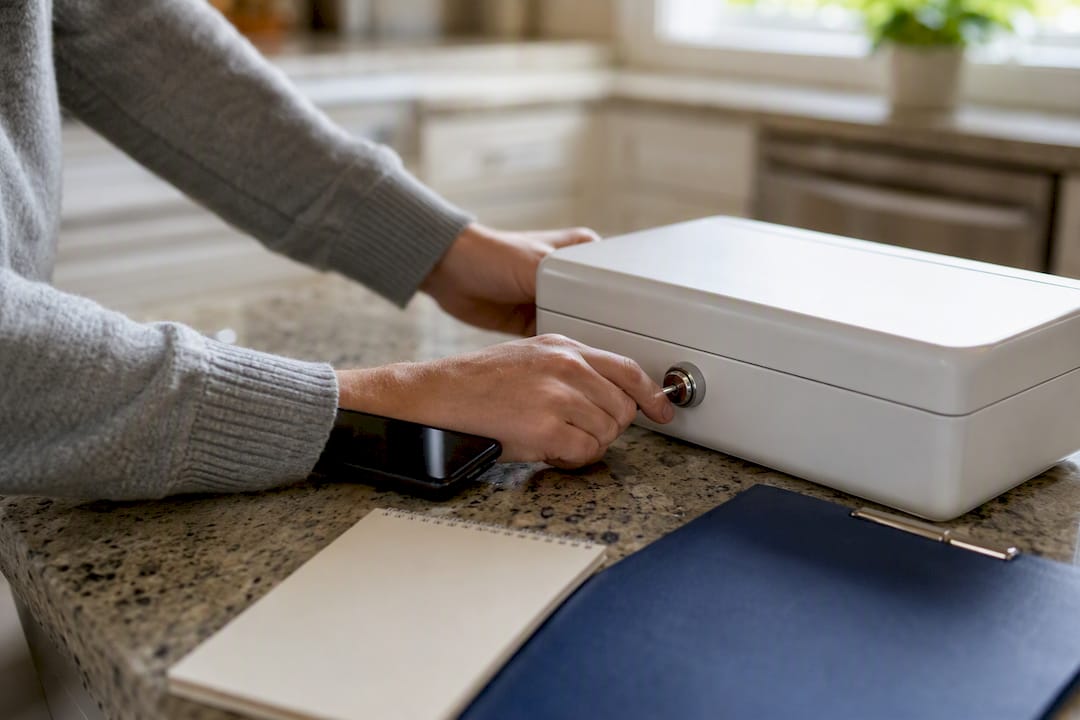 Hands securing physical lockbox on office desk