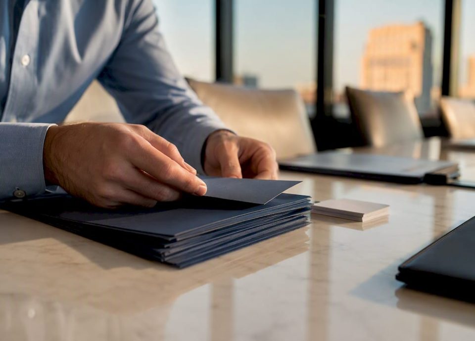 Hands sorting folders at business desk