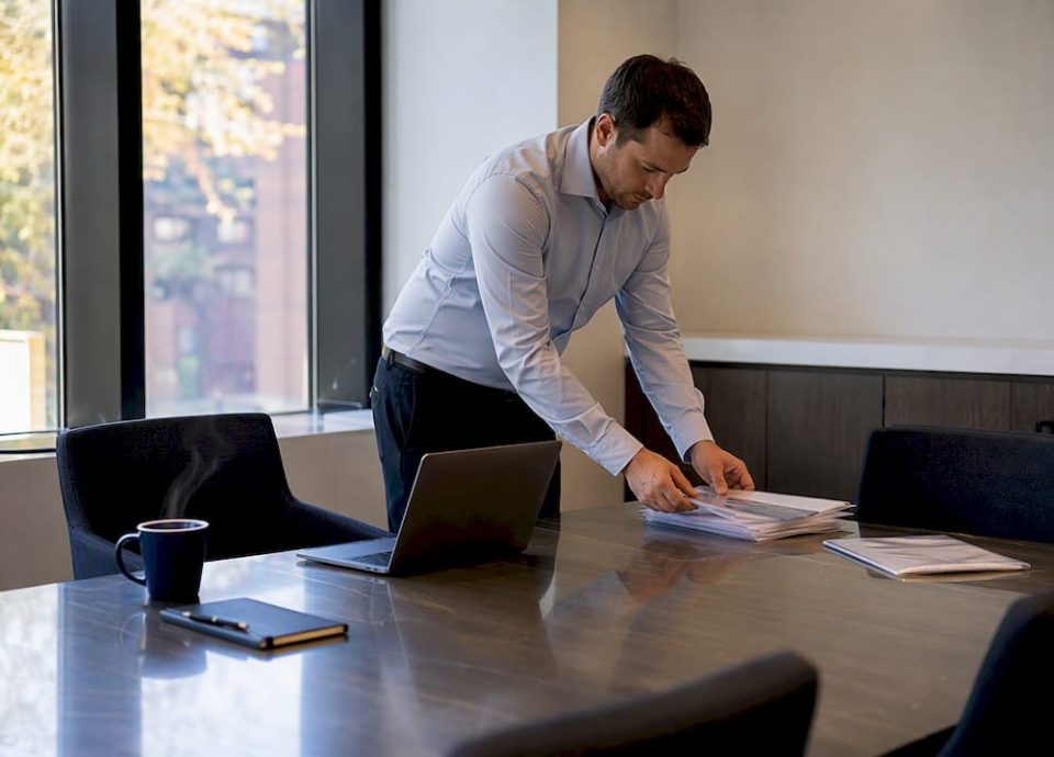 Business owner organizing merger documents