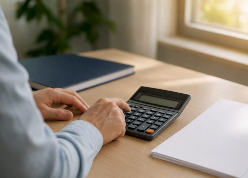 Hand using calculator for business valuation calculation