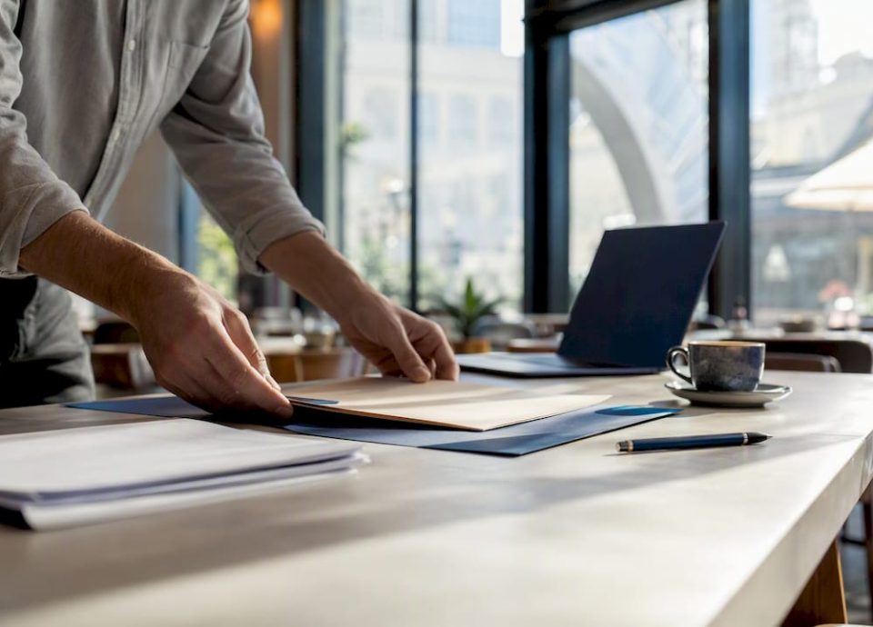 Hands organizing exit planning documents