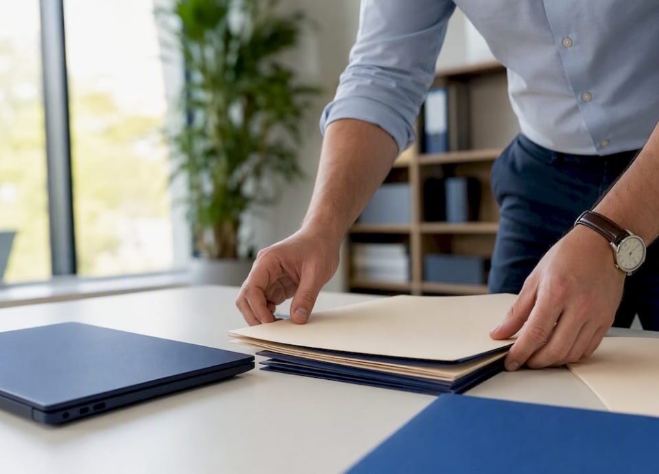 Hands organizing digital folders for disclosure schedule