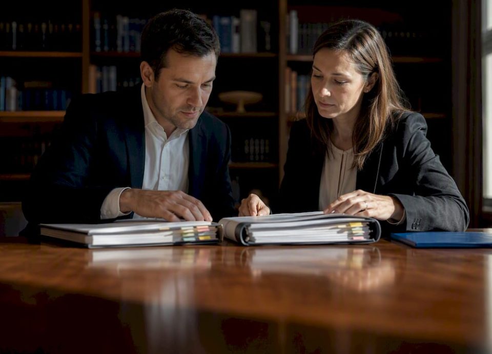 Counsel reviewing disclosure schedule binders