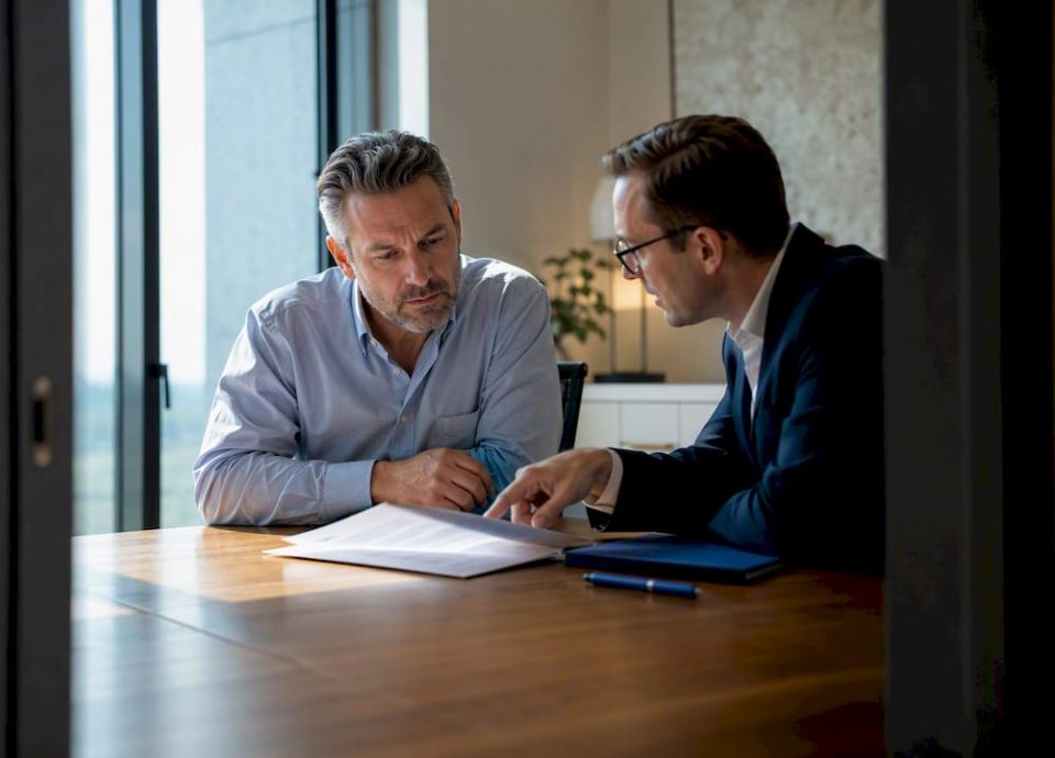 Advisor and owner reviewing broker agreement