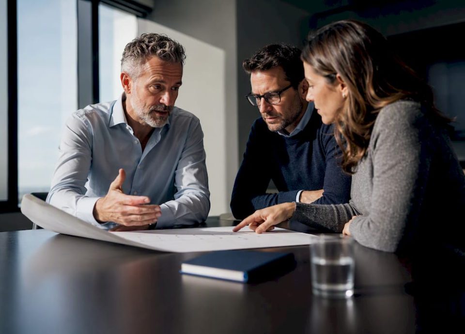 Owner discussing business sale with managers