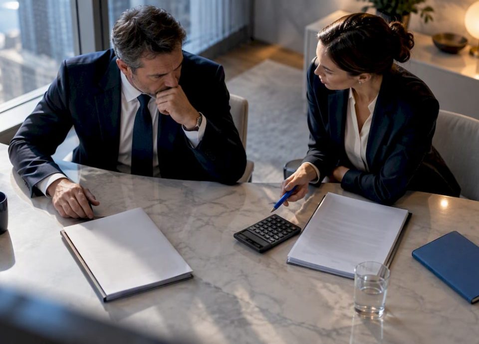 Business principals reviewing a deal adjustment