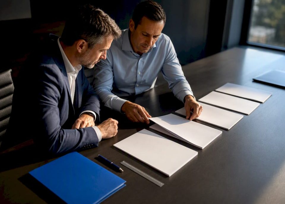 Advisers comparing multiple business offer documents