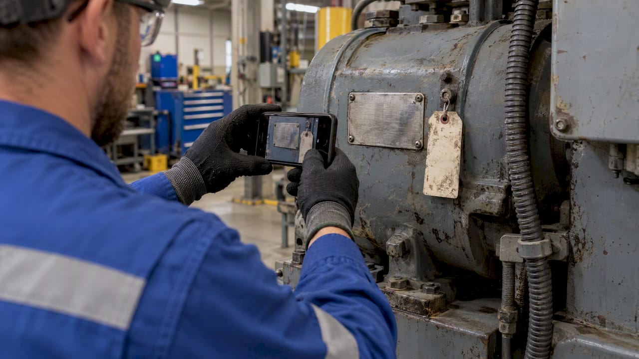 Technician photographing equipment identification plate